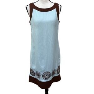 Willow Glenn Dress linen Blend knee sheath shift sleeveless bead aqua brown 8P.